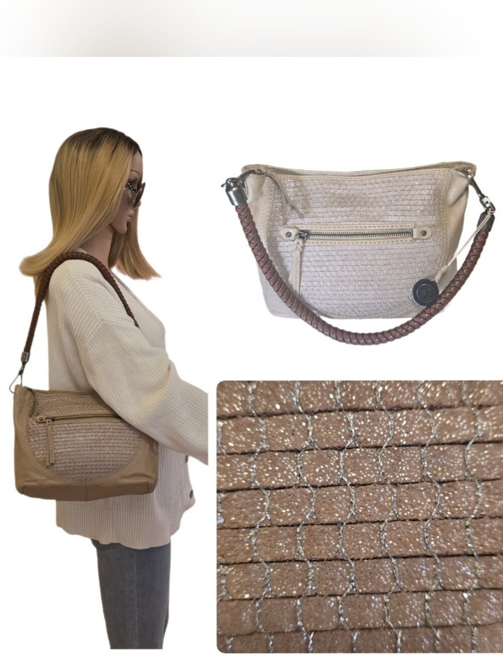 The Sak Indio Shimmer Woven Leather Shoulder Bag EUC Cream Beige Metallic